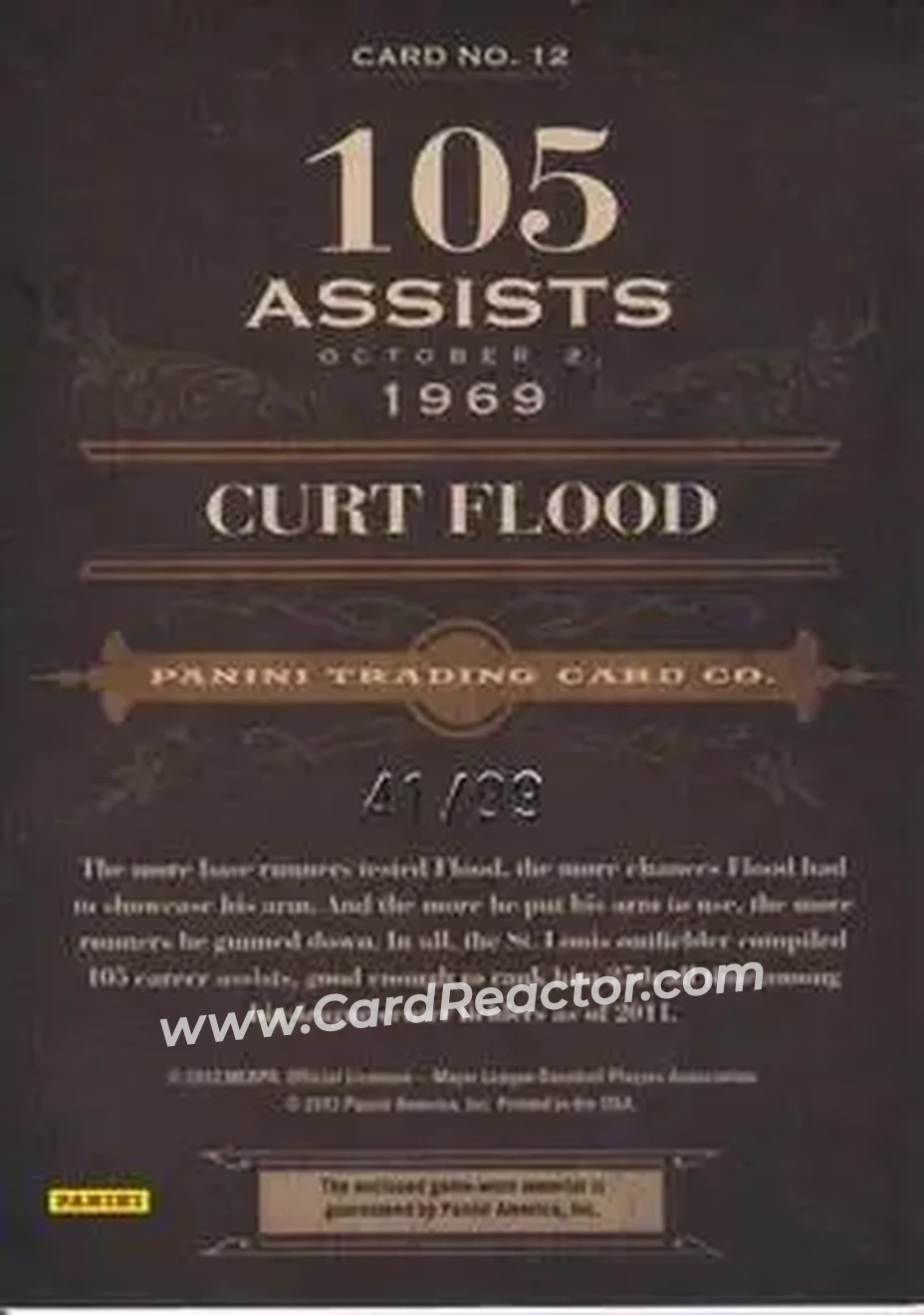2011 Panini Prime Cuts - Biography Materials #12 - Curt Flood - St. Louis Cardinals - Back