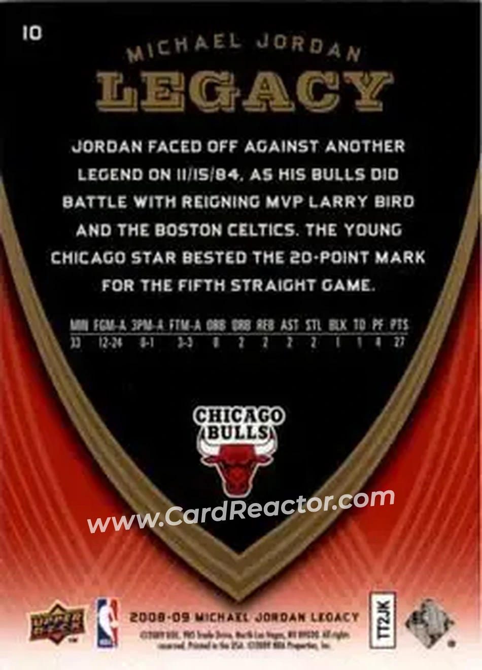 2008-09 Upper Deck Michael Jordan Legacy Collection #10 - Michael Jordan - Chicago Bulls 2008-09 Upper Deck Michael Jordan Legacy Collection #10 - Michael Jordan - Chicago Bulls