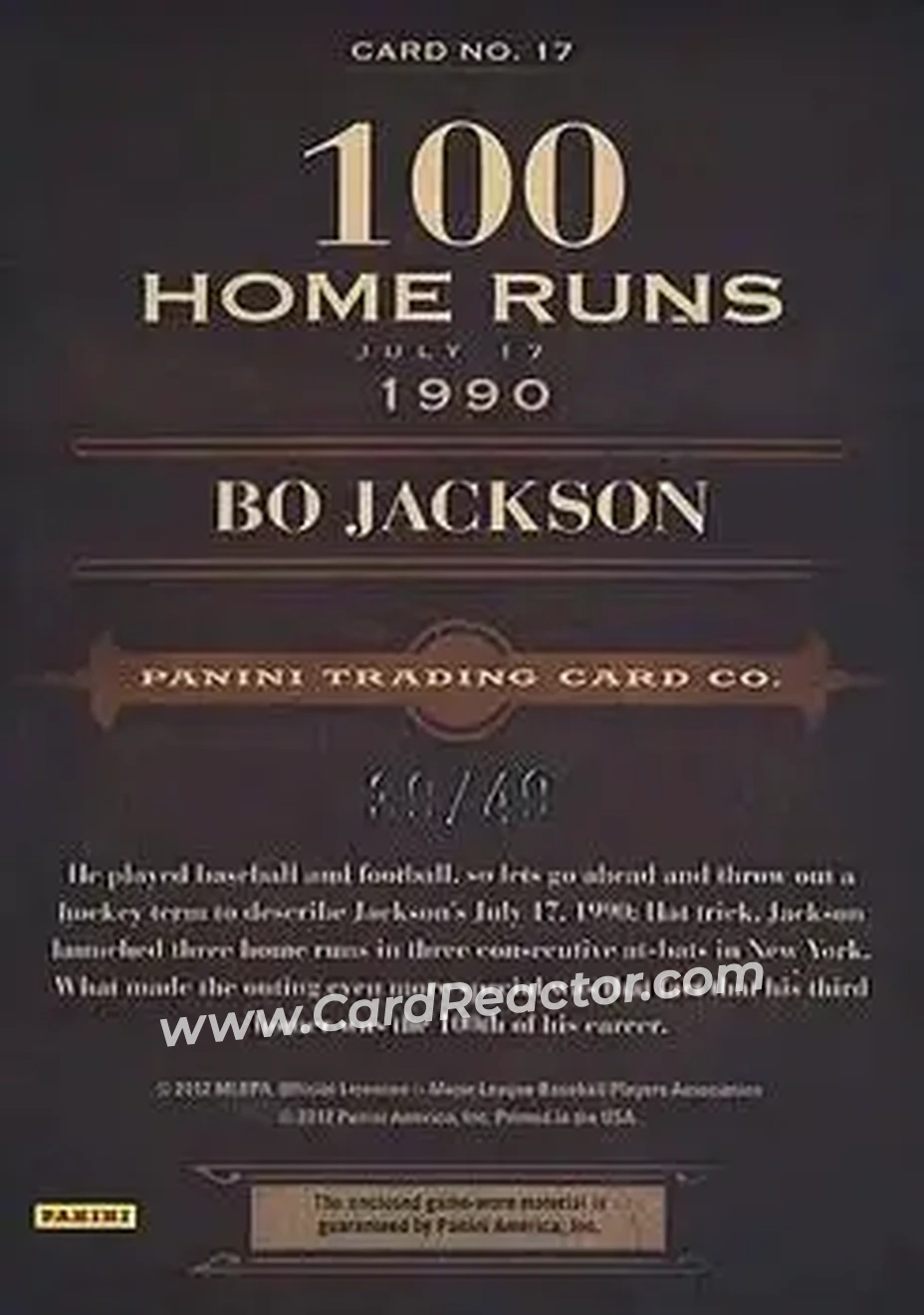 2011 Panini Prime Cuts - Biography Materials #17 - Bo Jackson - Kansas City Royals - Back