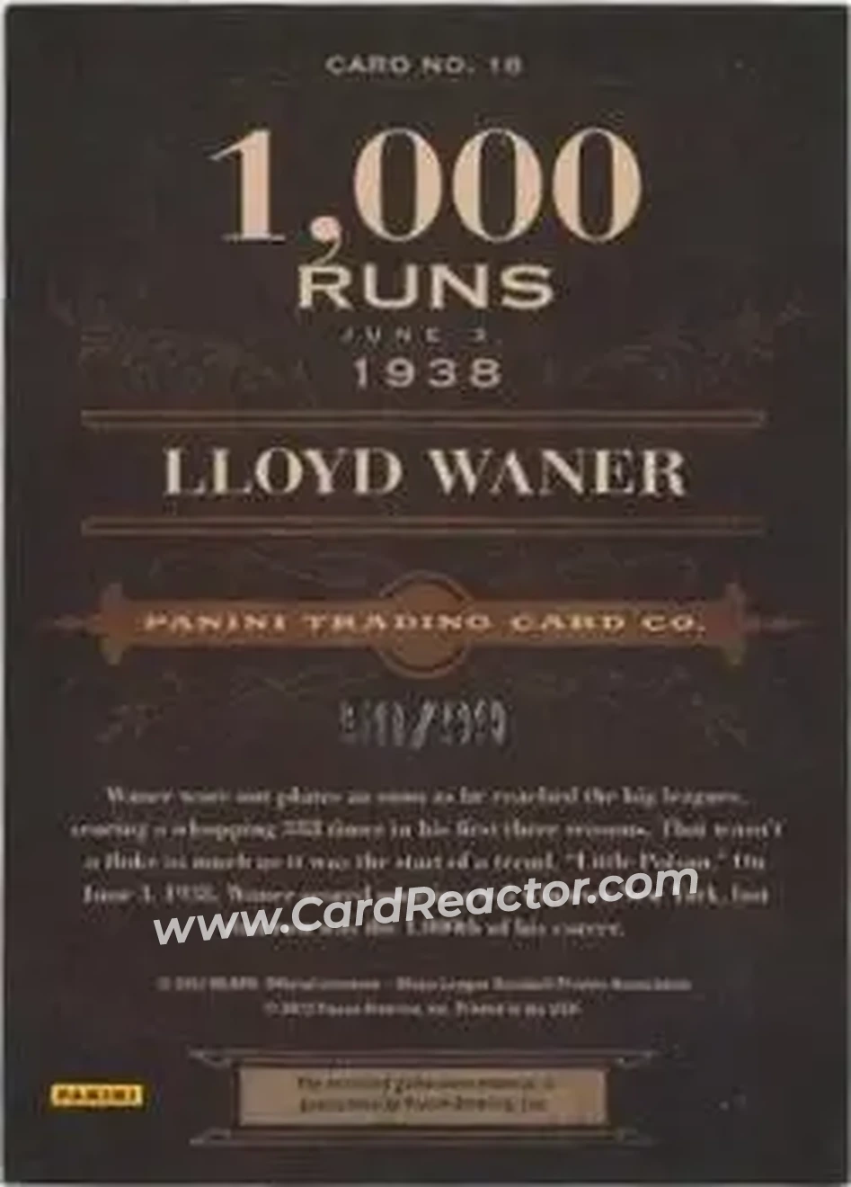 2011 Panini Prime Cuts - Biography Materials #18 - Lloyd Waner - Pittsburgh Pirates - Back