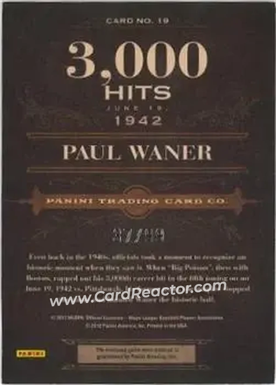 2011 Panini Prime Cuts - Biography Materials #19 - Paul Waner - Pittsburgh Pirates - Back