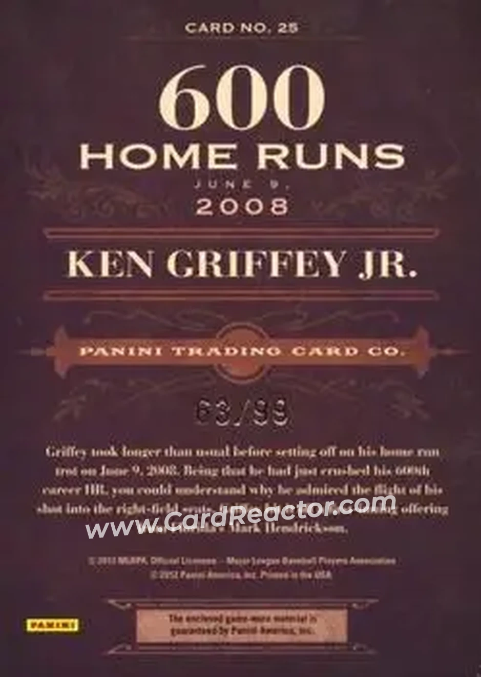 2011 Panini Prime Cuts - Biography Materials #25 - Ken Griffey Jr. - Cincinnati Reds - Back