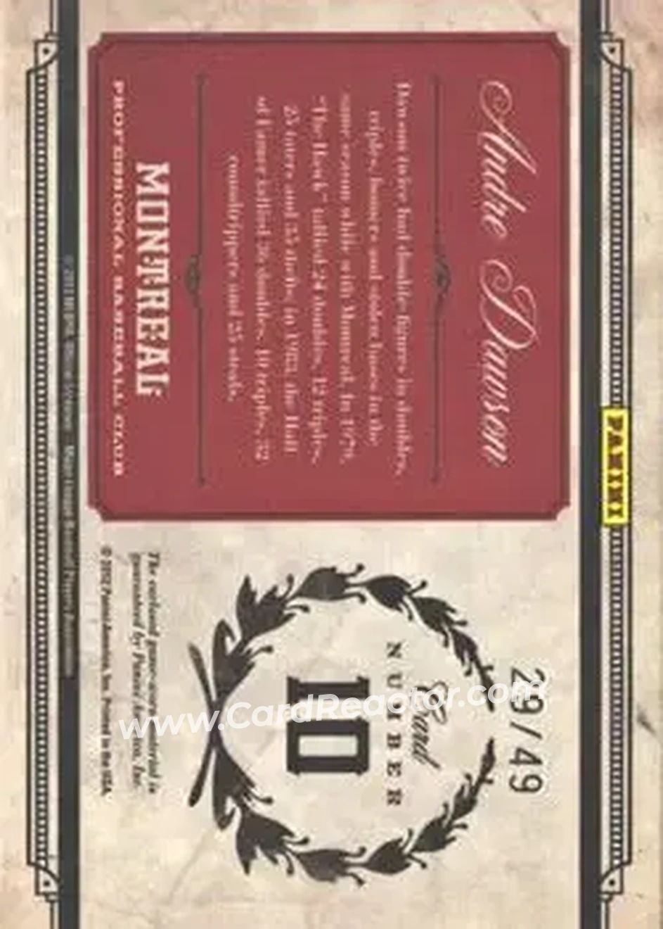 2011 Panini Prime Cuts - Colossal Materials #10 - Andre Dawson - Montreal Expos - Back 2011 Panini Prime Cuts - Colossal Materials #10 - Andre Dawson - Montreal Expos - Back