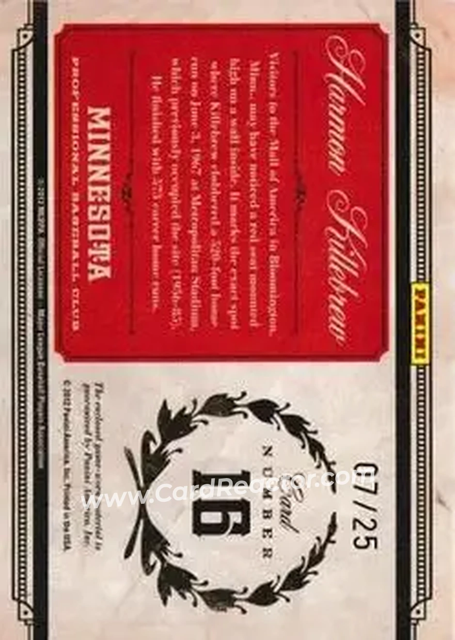 2011 Panini Prime Cuts - Colossal Materials #16 - Harmon Killebrew - Minnesota Twins - Back