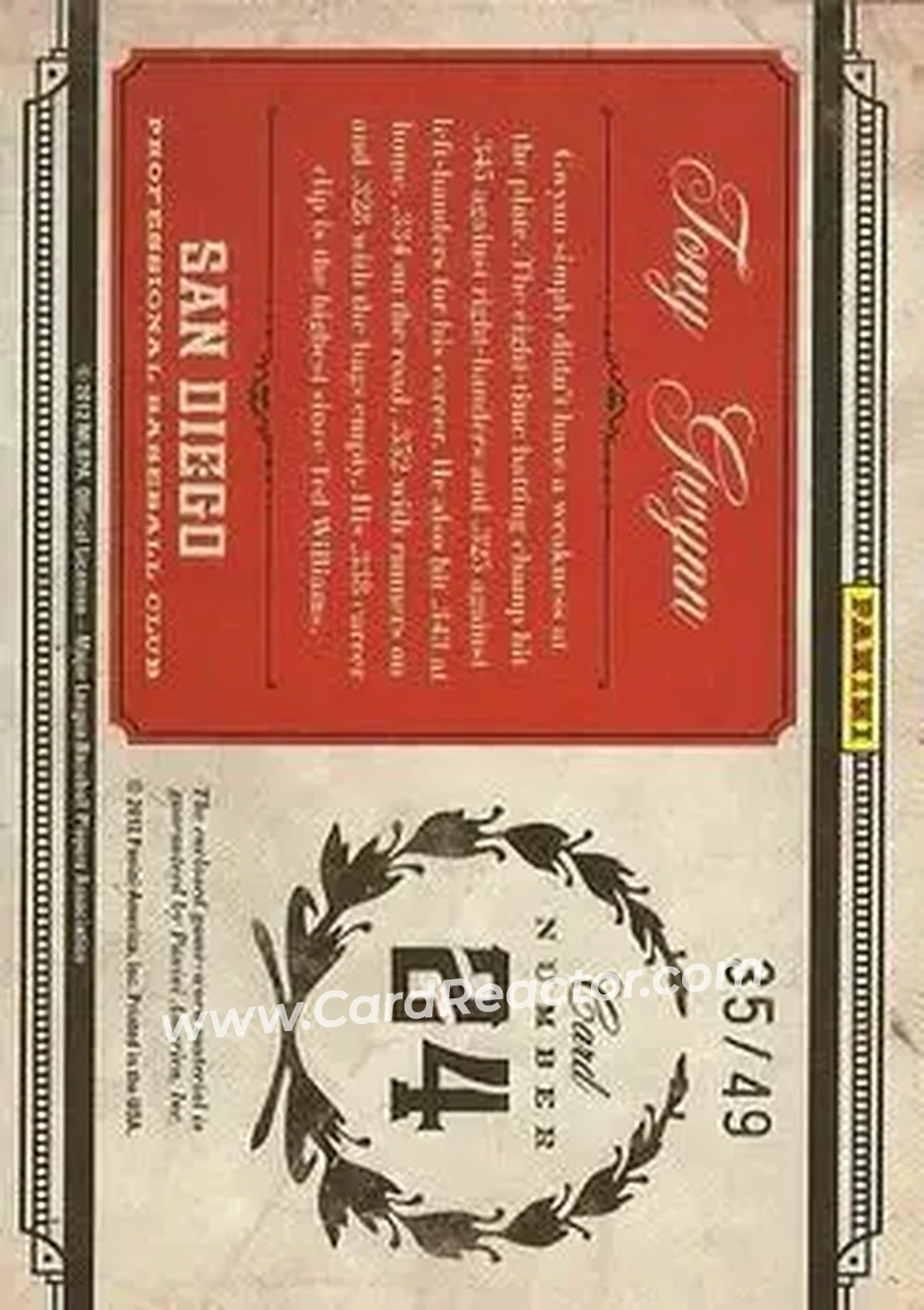 2011 Panini Prime Cuts - Colossal Materials #24 - Tony Gwynn - San Diego Padres - Back