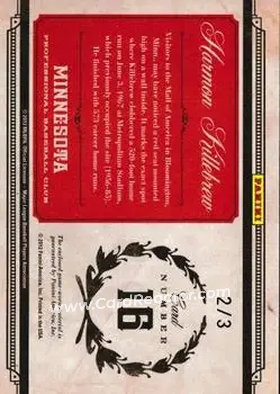 2011 Panini Prime Cuts - Colossal Materials Prime #16 - Harmon Killebrew - Minnesota Twins - Back