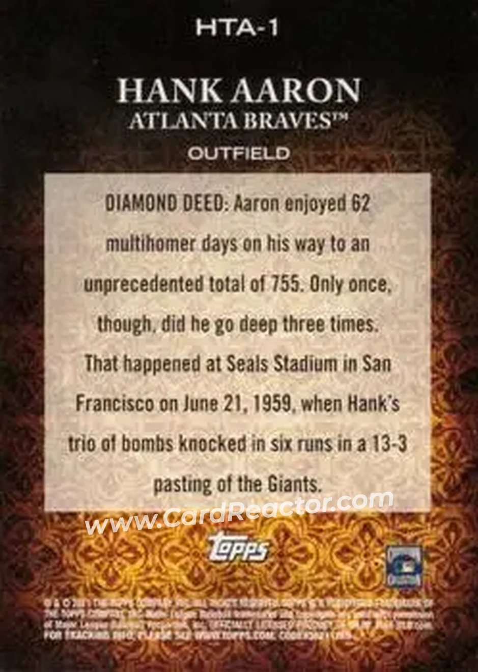 2011 Topps Diamond Anniversary HTA #HTA-1 - Hank Aaron - Atlanta Braves - Back