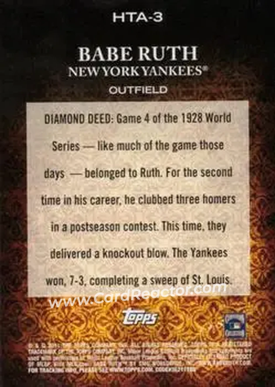 2011 Topps Diamond Anniversary HTA #HTA-3 - Babe Ruth - New York Yankees - Back 2011 Topps Diamond Anniversary HTA #HTA-3 - Babe Ruth - New York Yankees - Back