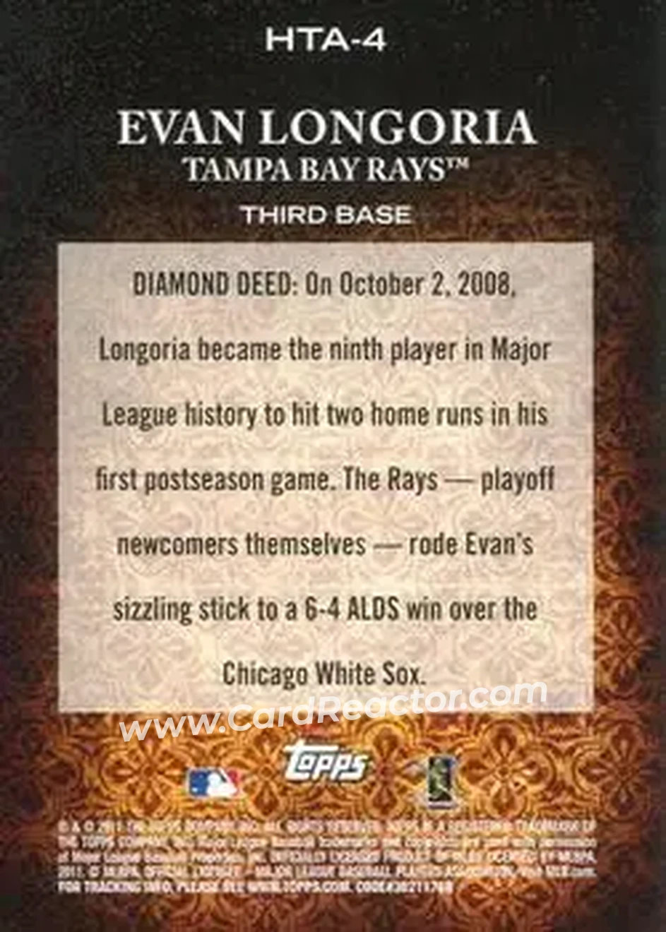 2011 Topps Diamond Anniversary HTA #HTA-4 - Evan Longoria - Tampa Bay Rays - Back