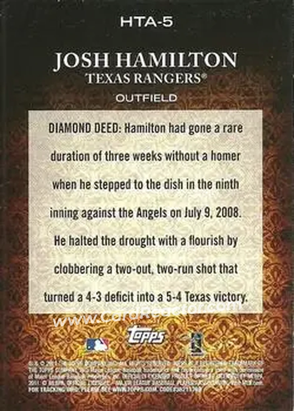 2011 Topps Diamond Anniversary HTA #HTA-5 - Josh Hamilton - Texas Rangers - Back