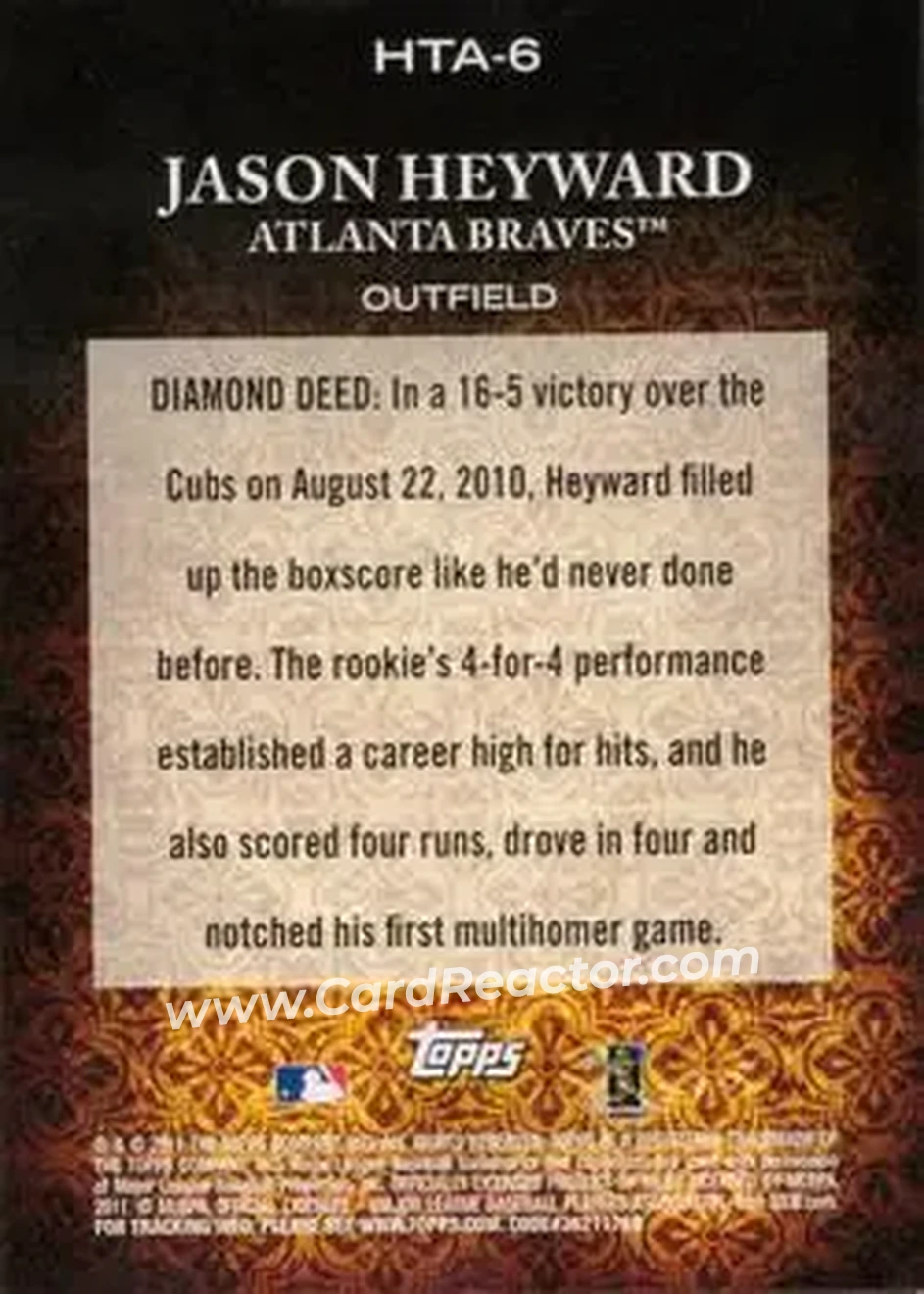2011 Topps Diamond Anniversary HTA #HTA-6 - Jason Heyward - Atlanta Braves - Back