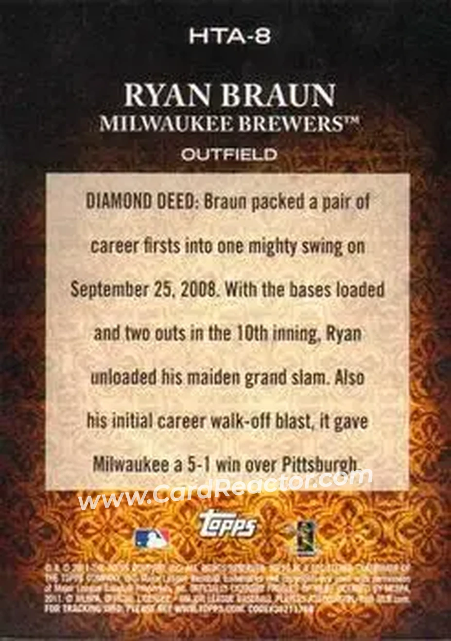 2011 Topps Diamond Anniversary HTA #HTA-8 - Ryan Braun - Milwaukee Brewers - Back 2011 Topps Diamond Anniversary HTA #HTA-8 - Ryan Braun - Milwaukee Brewers - Back