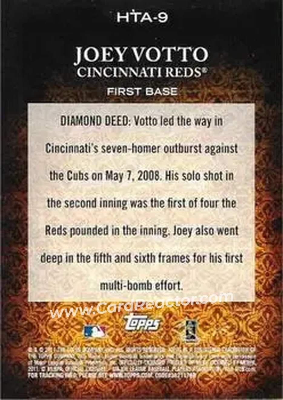 2011 Topps Diamond Anniversary HTA #HTA-9 - Joey Votto - Cincinnati Reds - Back
