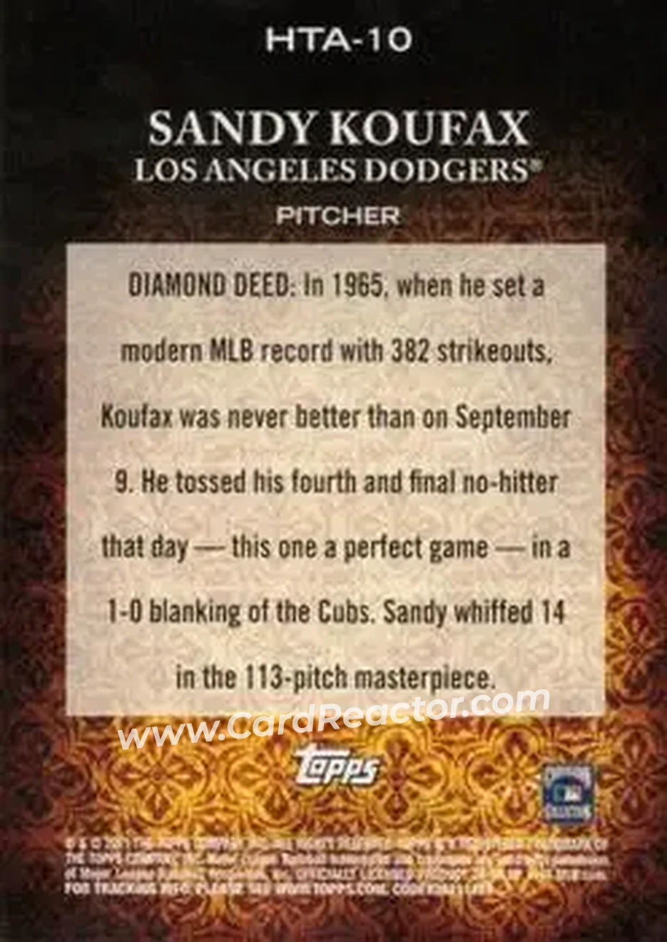 2011 Topps Diamond Anniversary HTA #HTA-10 - Sandy" Koufax - Los Angeles Dodgers - Back