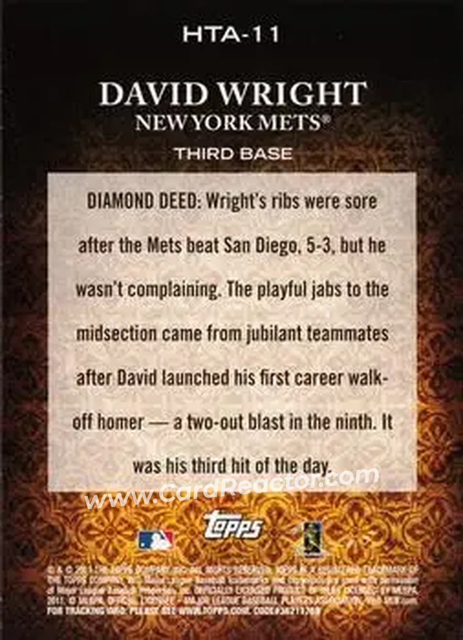 2011 Topps Diamond Anniversary HTA #HTA-11 - David Wright - New York Mets - Back