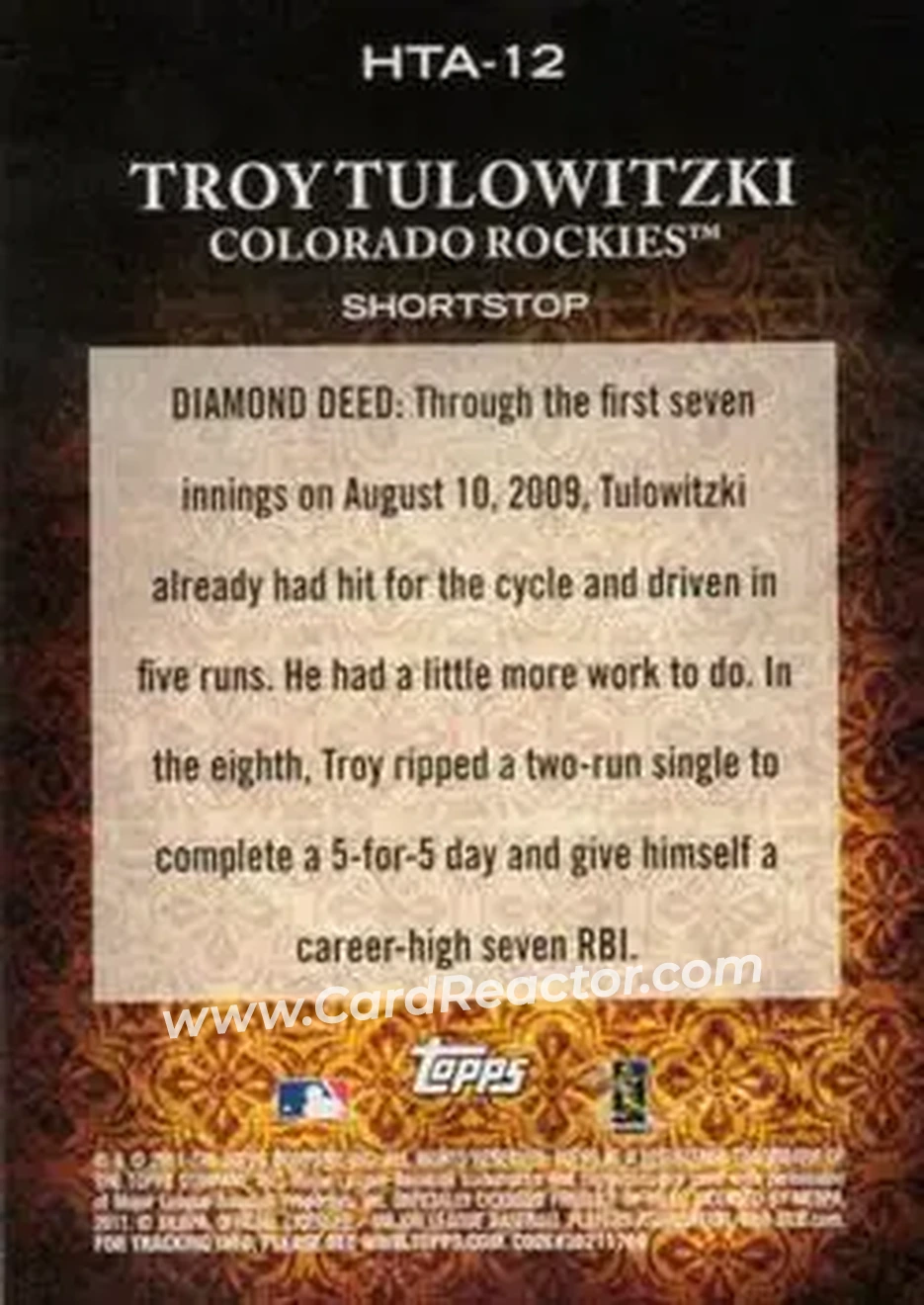 2011 Topps Diamond Anniversary HTA #HTA-12 - Troy Tulowitzki - Colorado Rockies - Back 2011 Topps Diamond Anniversary HTA #HTA-12 - Troy Tulowitzki - Colorado Rockies - Back