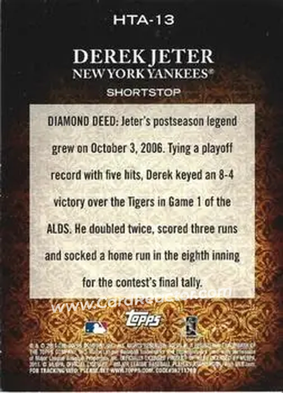 2011 Topps Diamond Anniversary HTA #HTA-13 - Derek Jeter - New York Yankees - Back