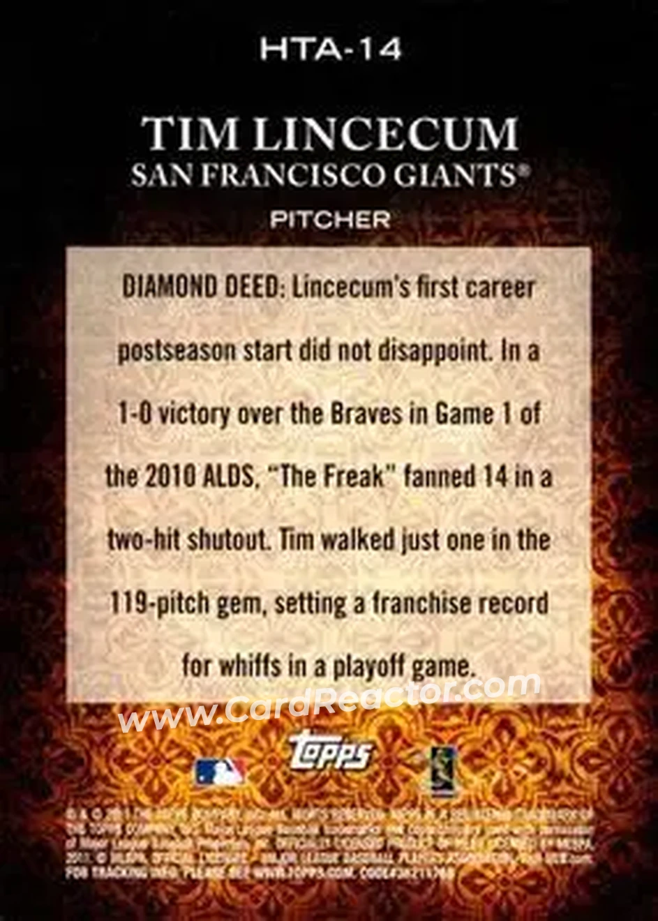 2011 Topps Diamond Anniversary HTA #HTA-14 - Tim Lincecum - San Francisco Giants - Back
