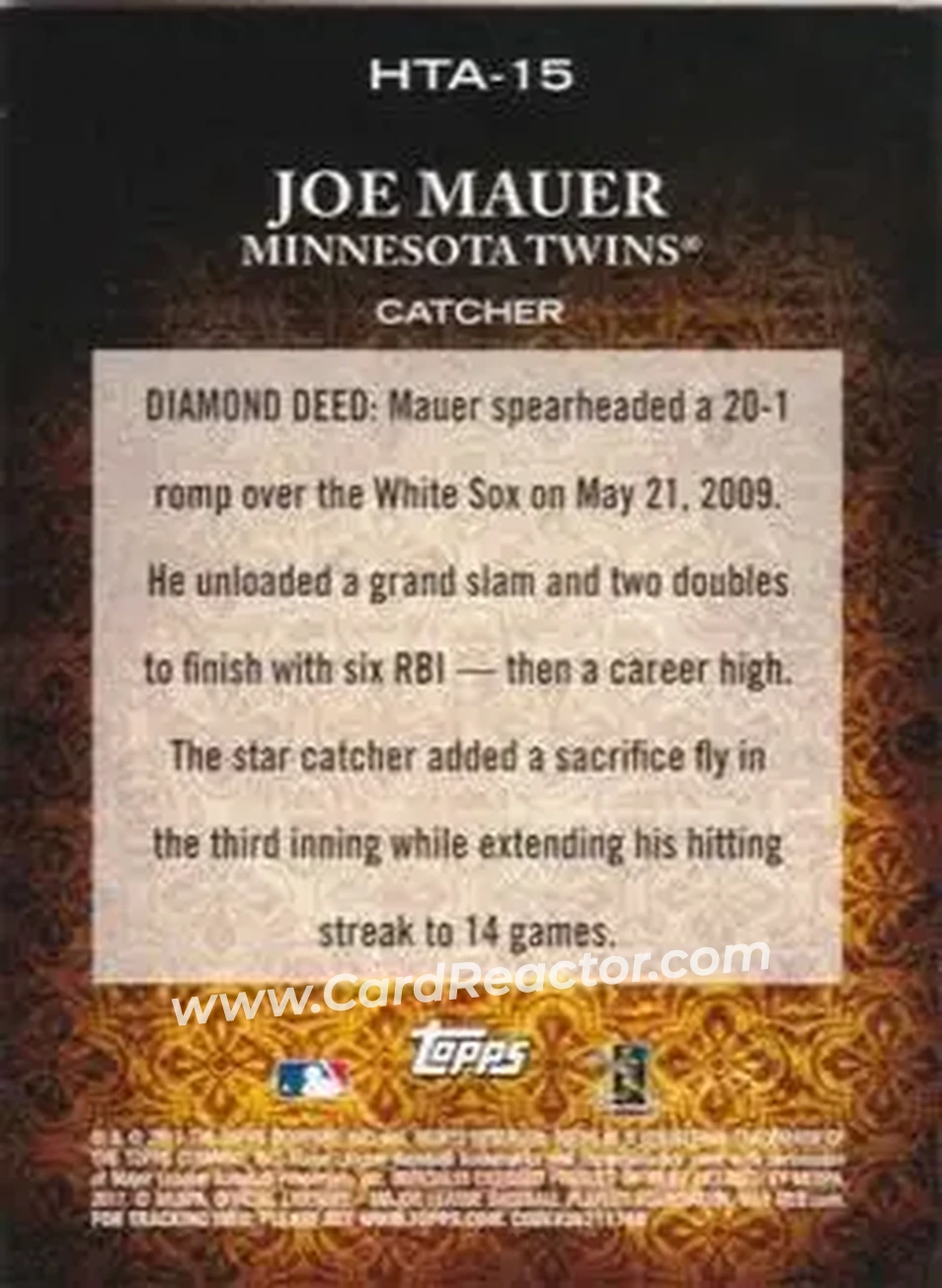 2011 Topps Diamond Anniversary HTA #HTA-15 - Joe Mauer - Minnesota Twins - Back