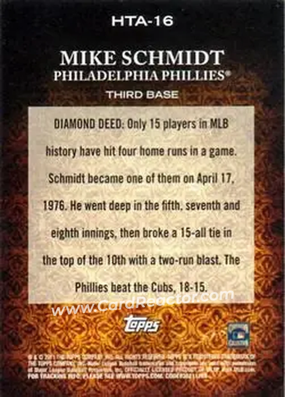 2011 Topps Diamond Anniversary HTA #HTA-16 - Mike Schmidt - Philadelphia Phillies - Back
