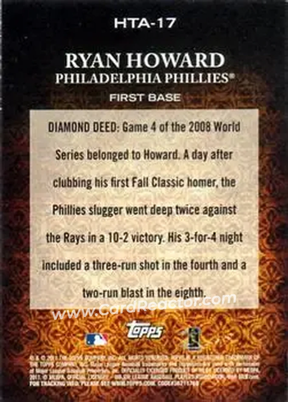 2011 Topps Diamond Anniversary HTA #HTA-17 - Ryan Howard - Philadelphia Phillies - Back