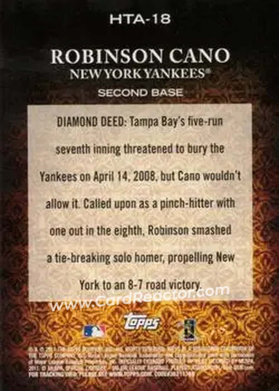 2011 Topps Diamond Anniversary HTA #HTA-18 - Robinson Cano - New York Yankees - Back