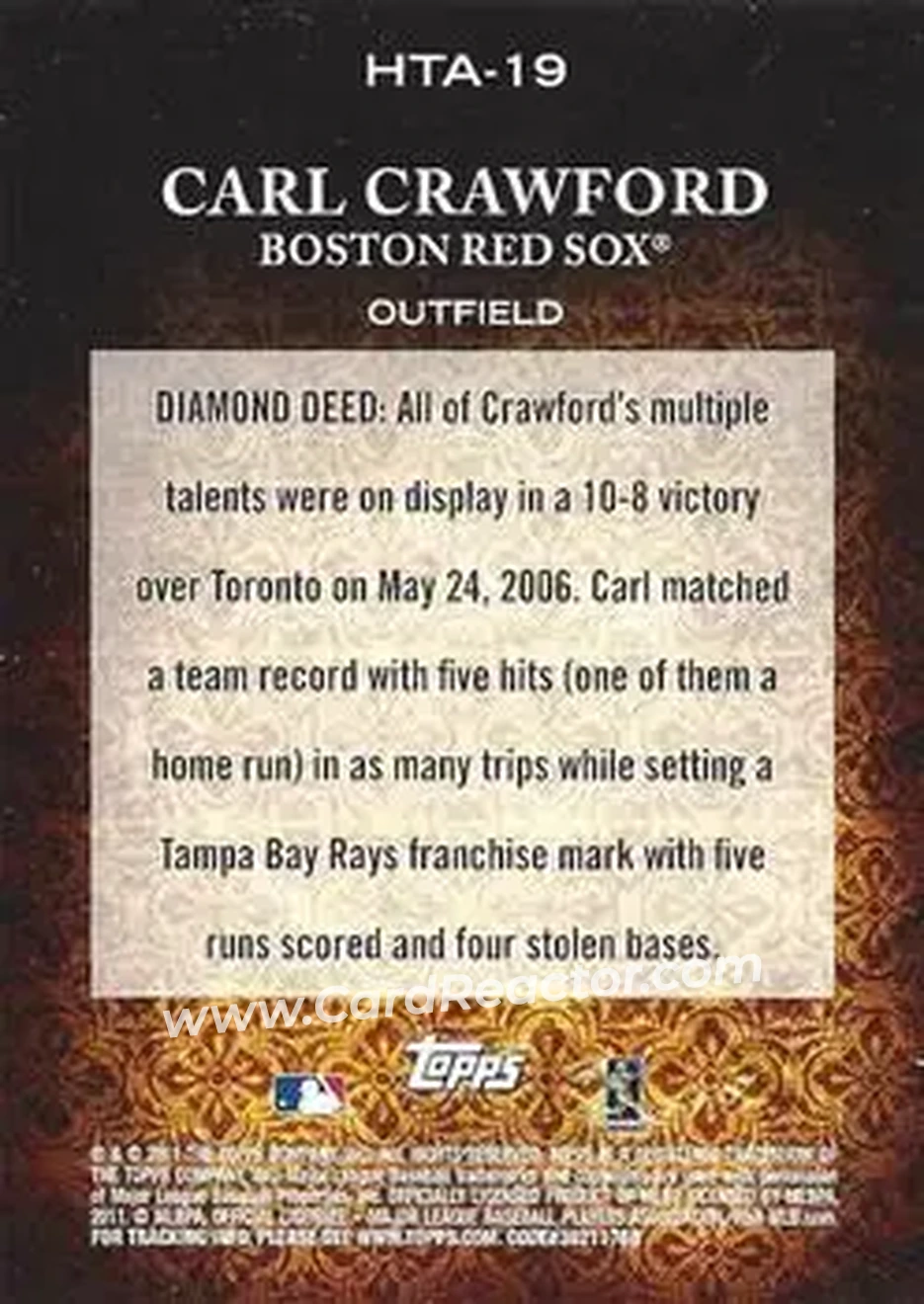 2011 Topps Diamond Anniversary HTA #HTA-19 - Carl Crawford - Boston Red Sox - Back