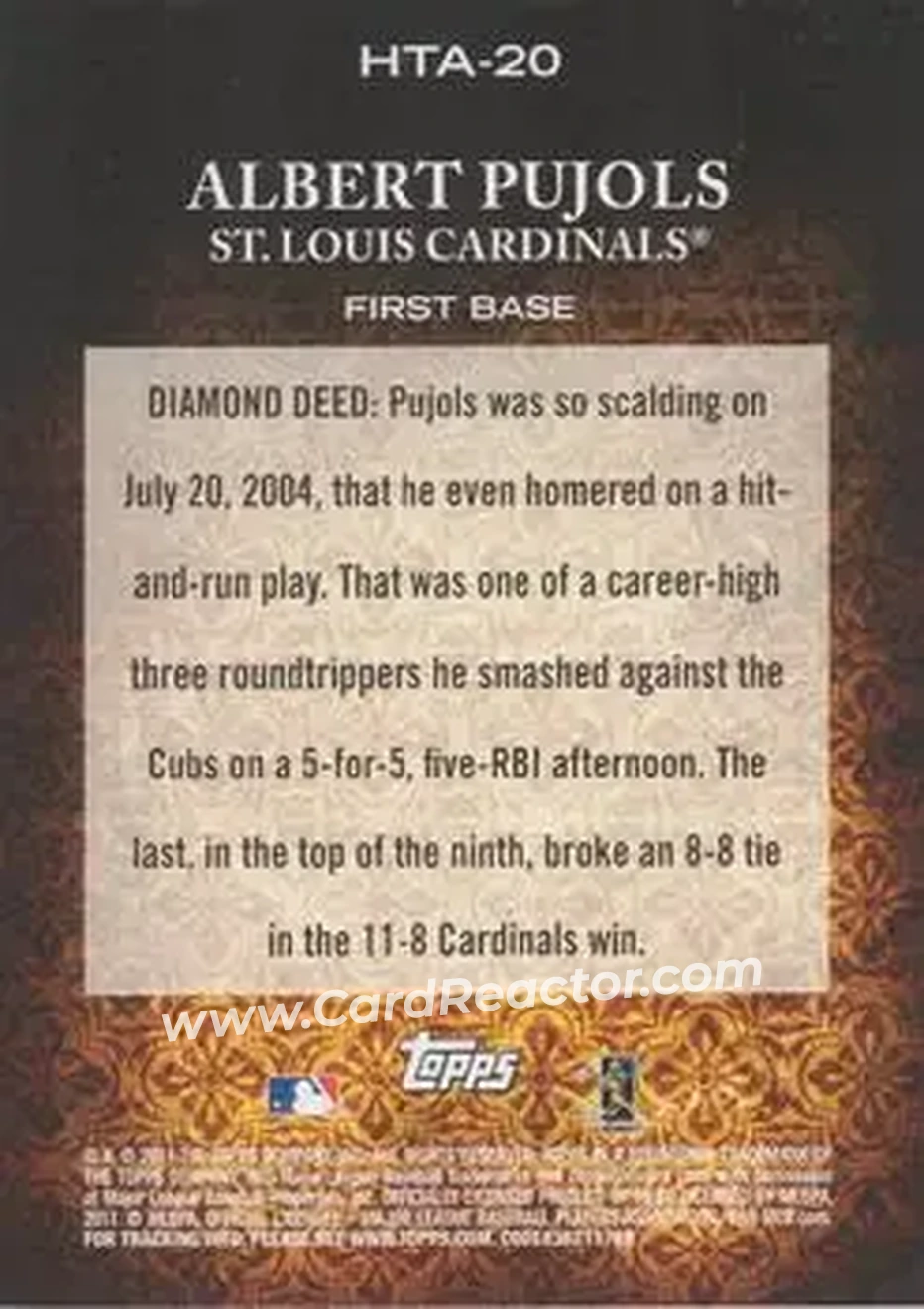 2011 Topps Diamond Anniversary HTA #HTA-20 - Albert Pujols - St. Louis Cardinals - Back 2011 Topps Diamond Anniversary HTA #HTA-20 - Albert Pujols - St. Louis Cardinals - Back