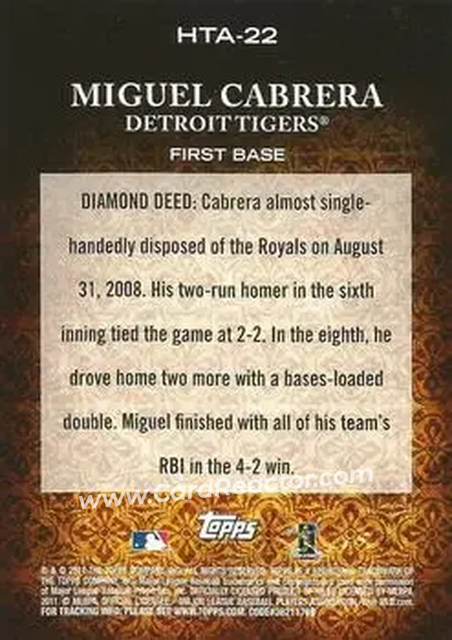 2011 Topps Diamond Anniversary HTA #HTA-22 - Miguel Cabrera - Detroit Tigers - Back