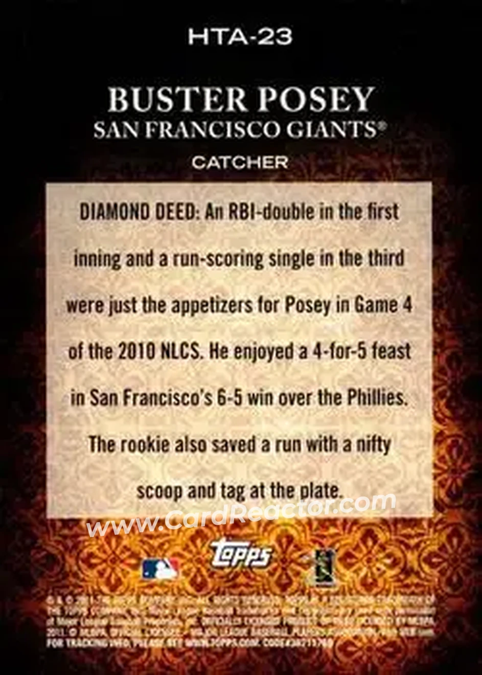 2011 Topps Diamond Anniversary HTA #HTA-23 - Buster Posey - San Francisco Giants - Back