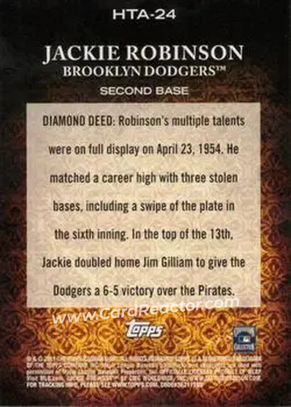 2011 Topps Diamond Anniversary HTA #HTA-24 - Jackie Robinson - Brooklyn Dodgers - Back