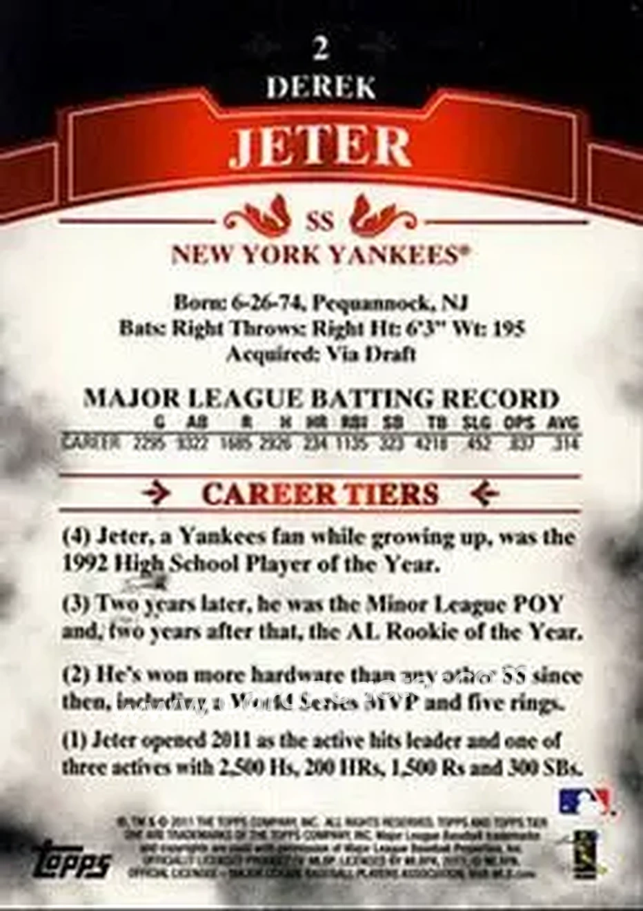 2011 Topps Tier One #2 - Derek Jeter - New York Yankees - Back