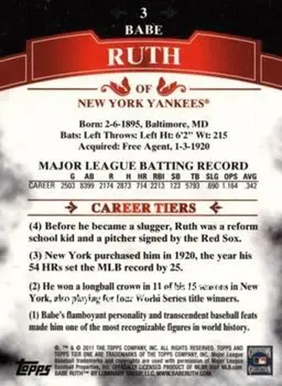 2011 Topps Tier One #3 - Babe Ruth - New York Yankees - Back