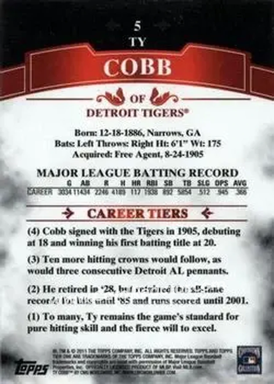 2011 Topps Tier One #5 - Ty Cobb - Detroit Tigers - Back