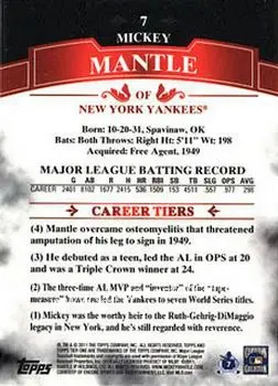 2011 Topps Tier One #7 - Mickey Mantle - New York Yankees - Back