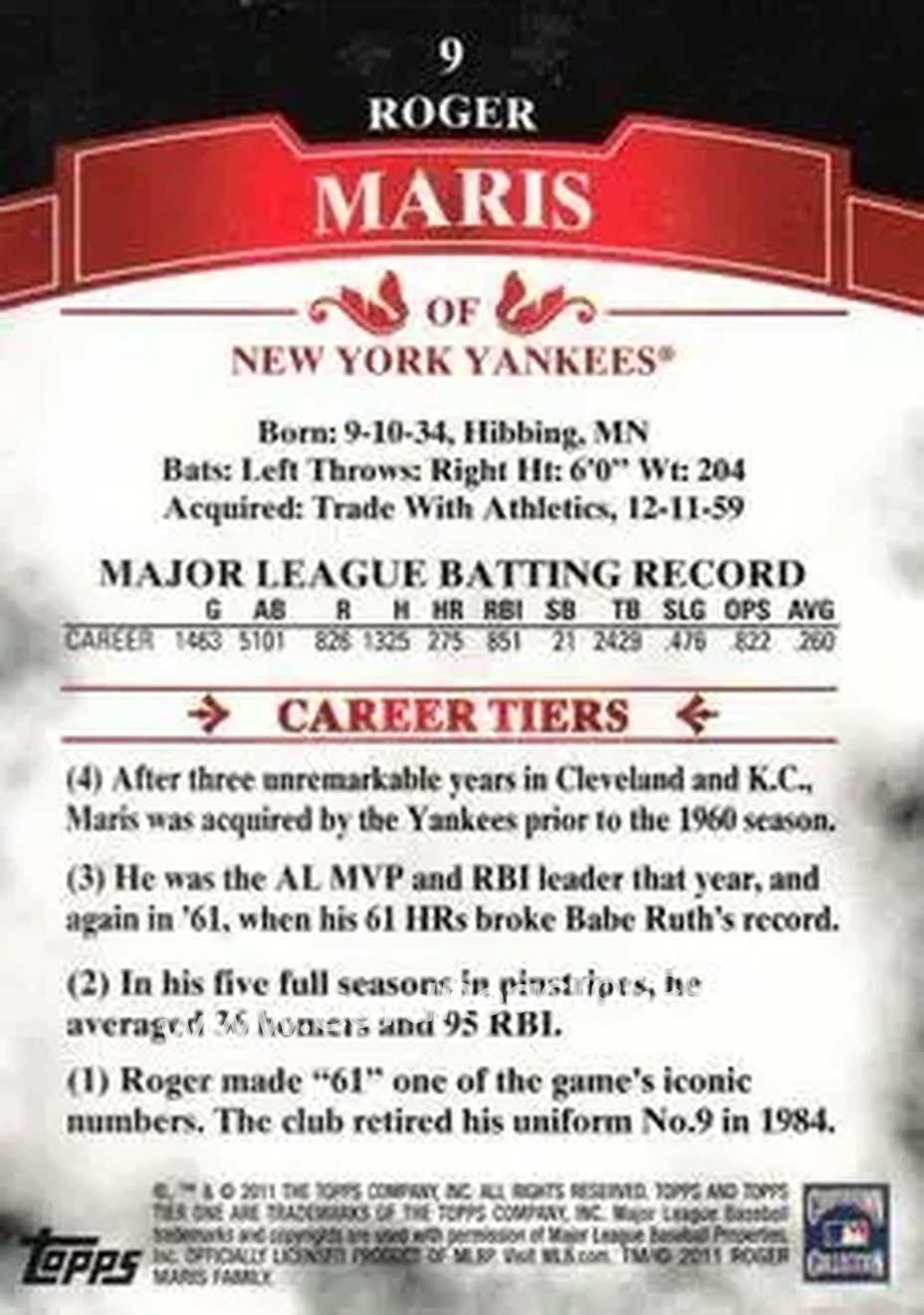 2011 Topps Tier One #9 - Roger Maris - New York Yankees - Back