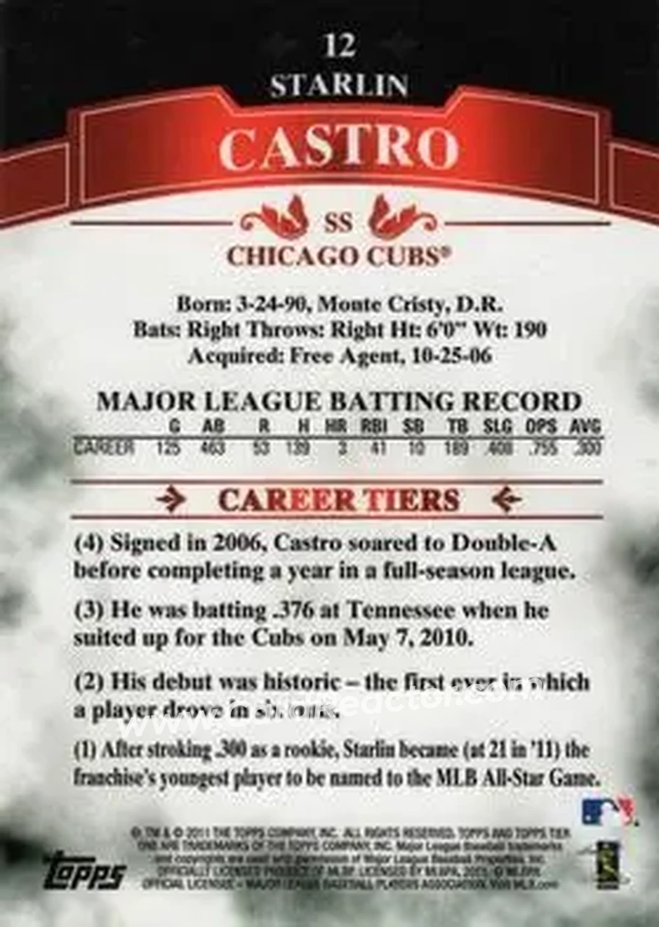 2011 Topps Tier One #12 - Starlin Castro - Chicago Cubs - Back 2011 Topps Tier One #12 - Starlin Castro - Chicago Cubs - Back