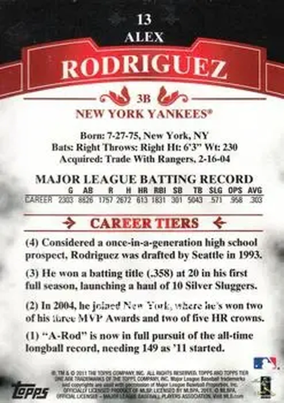 2011 Topps Tier One #13 - Alex Rodriguez - New York Yankees - Back