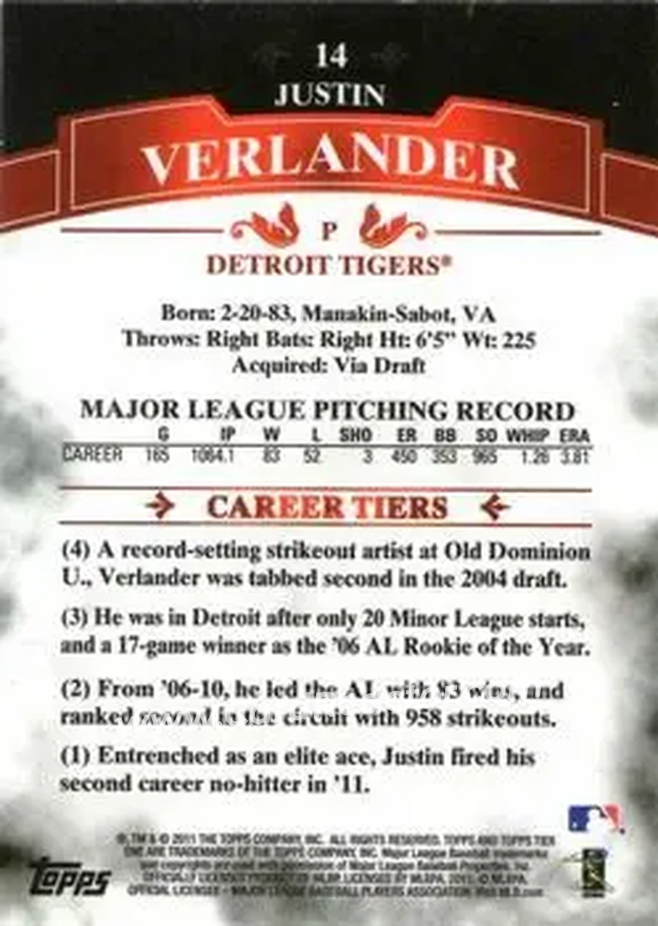 2011 Topps Tier One #14 - Justin Verlander - Detroit Tigers - Back
