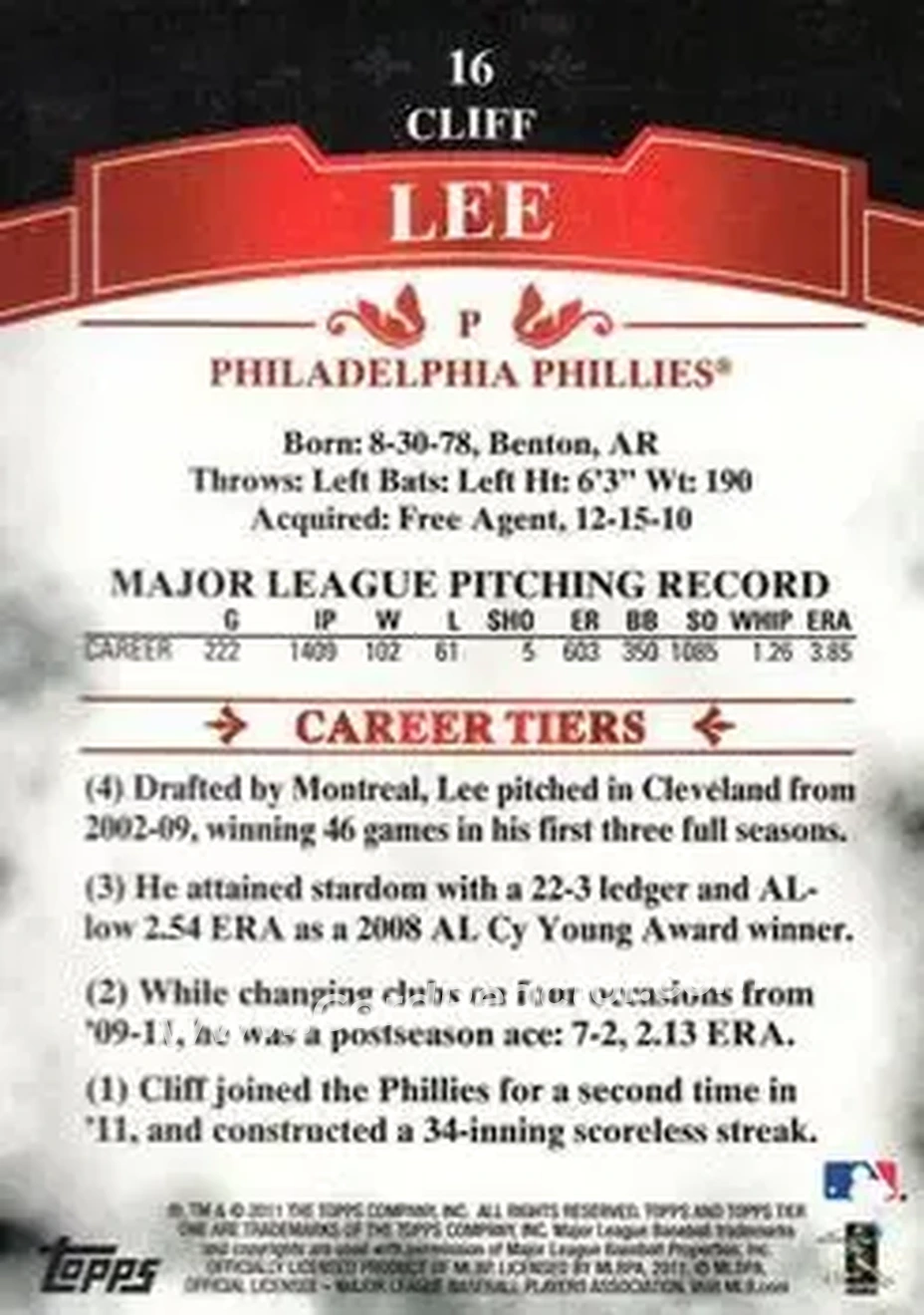 2011 Topps Tier One #16 - Cliff Lee - Philadelphia Phillies - Back