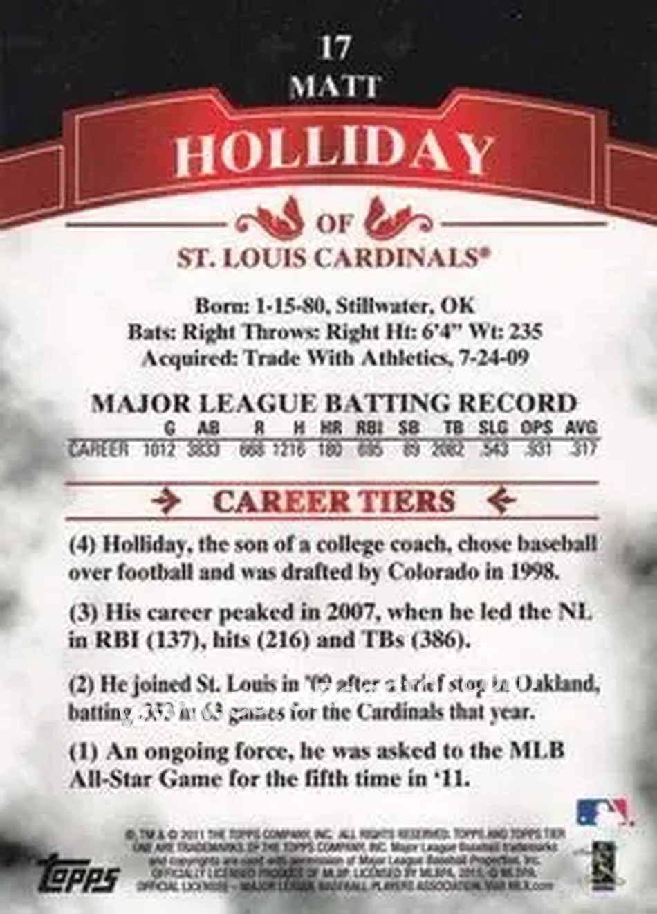 2011 Topps Tier One #17 - Matt Holliday - St. Louis Cardinals - Back