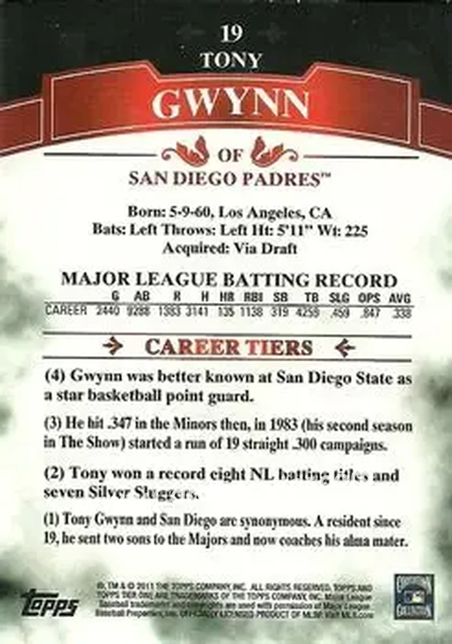 2011 Topps Tier One #19 - Tony Gwynn - San Diego Padres - Back