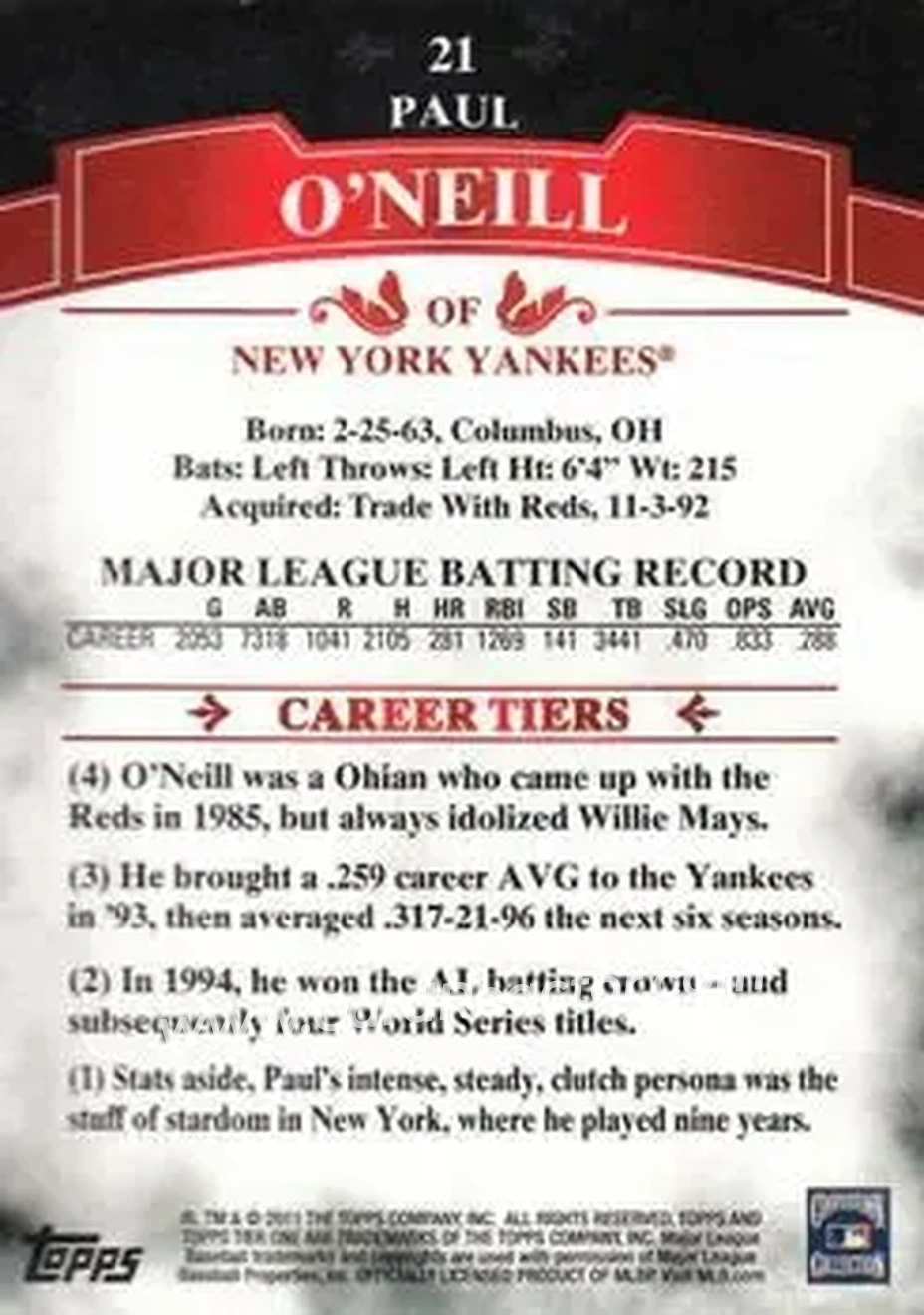 2011 Topps Tier One #21 - Paul O'Neill - New York Yankees - Back 2011 Topps Tier One #21 - Paul O'Neill - New York Yankees - Back