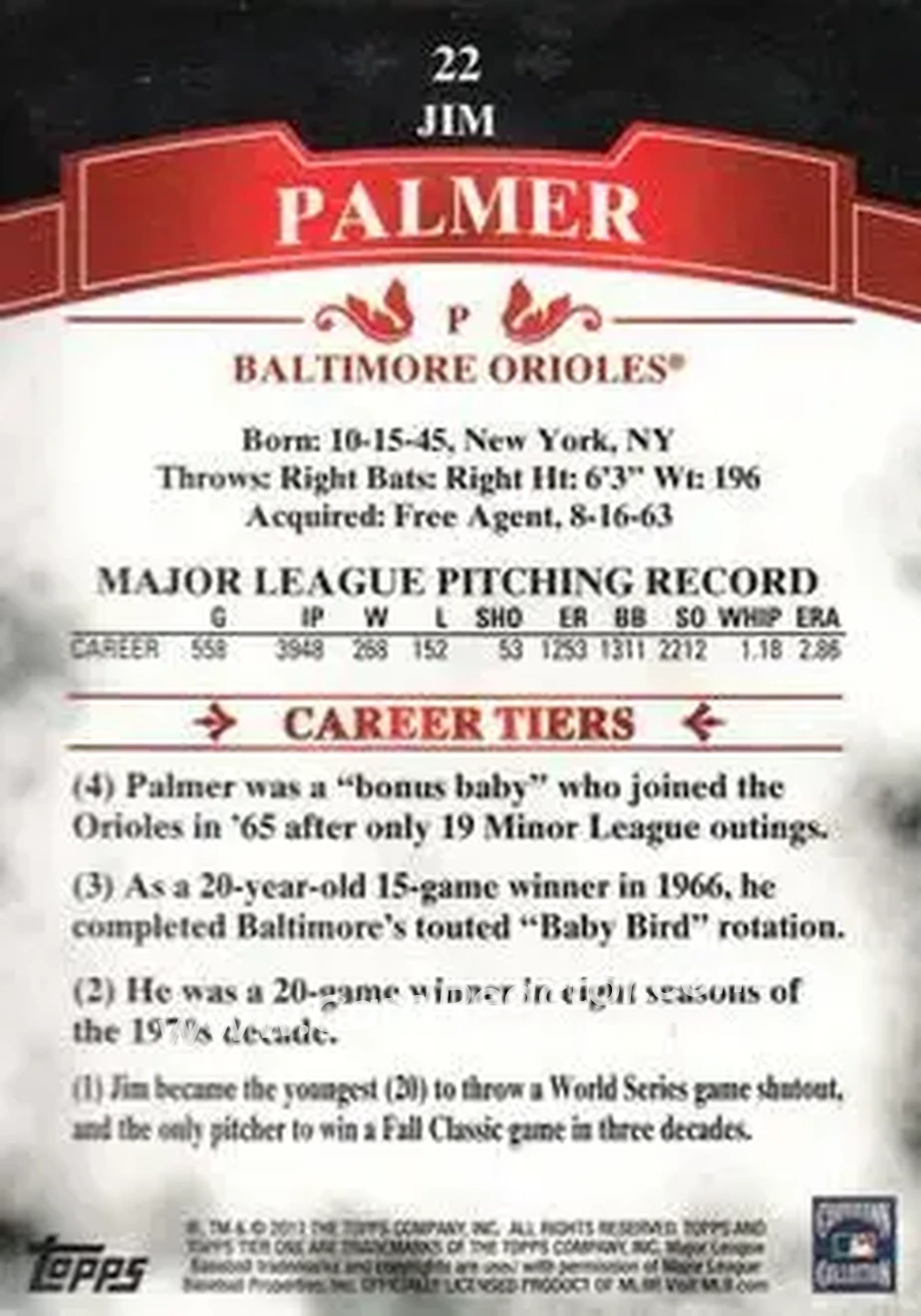 2011 Topps Tier One #22 - Jim Palmer - Baltimore Orioles - Back
