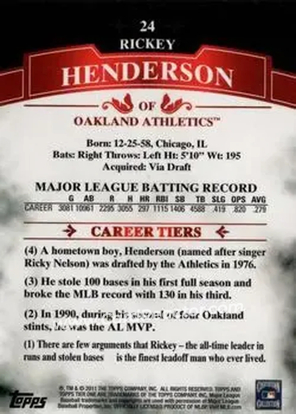 2011 Topps Tier One #24 - Rickey Henderson - Oakland Athletics - Back