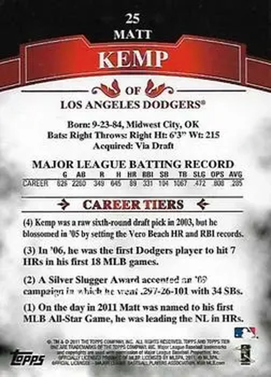 2011 Topps Tier One #25 - Matt Kemp - Los Angeles Dodgers - Back