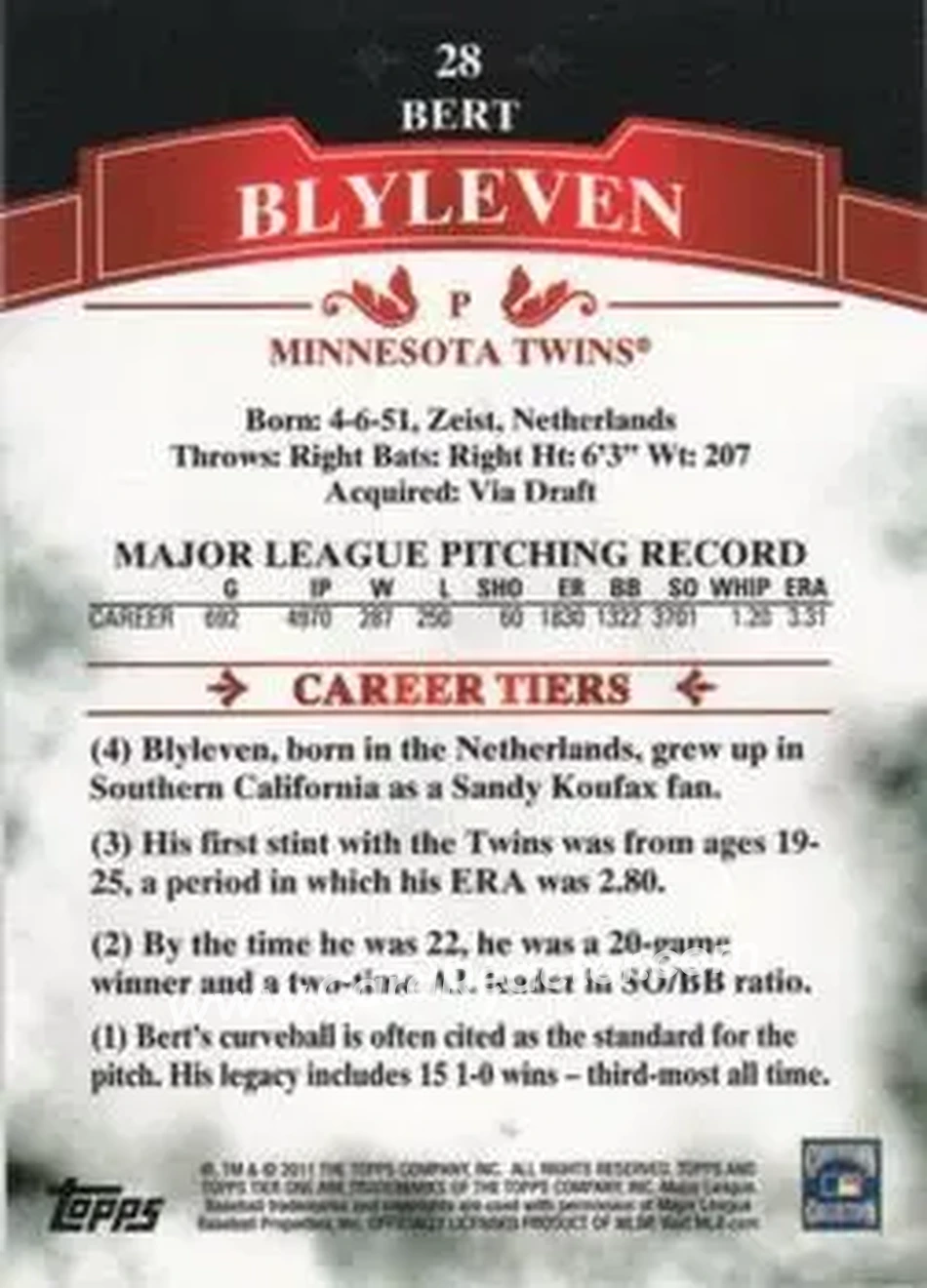 2011 Topps Tier One #28 - Bert Blyleven - Minnesota Twins - Back