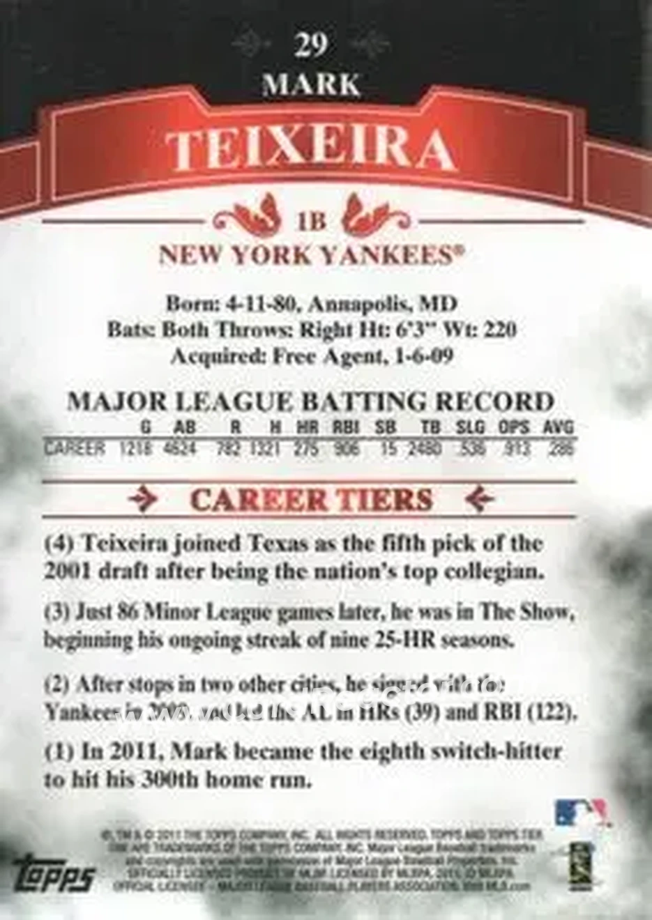 2011 Topps Tier One #29 - Mark Teixeira - New York Yankees - Back