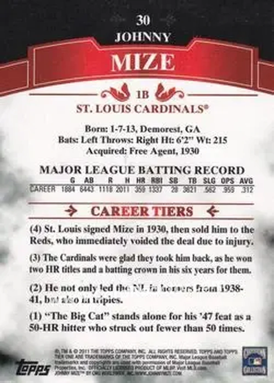 2011 Topps Tier One #30 - Johnny Mize - St. Louis Cardinals - Back