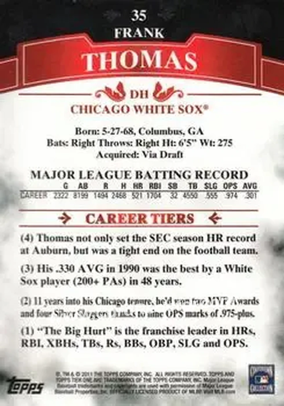2011 Topps Tier One #35 - Frank Thomas - Chicago White Sox - Back